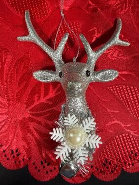 Holiday Time Silver Glitter Reindeer Deer Christmas Ornament Snowflake Bell 5.5"